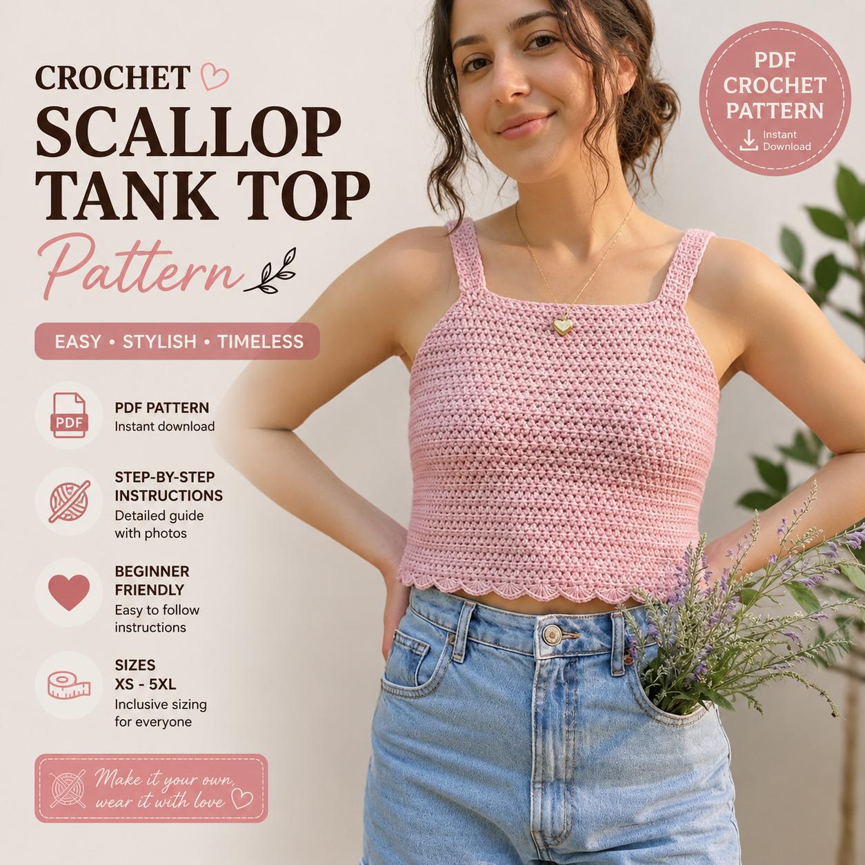 39 Crochet Women’s Tops: Tanks, Vests, Tees, and Blouses 21 Easy Crochet Scallop Tank Top Half Sleeve Tie Front Top
