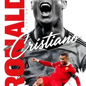 May include: A graphic featuring Cristiano Ronaldo in a red soccer uniform kicking a soccer ball. The image includes a grayscale portrait of Ronaldo with the name "Cristiano" in cursive and the name "RONALDO" in large red letters.