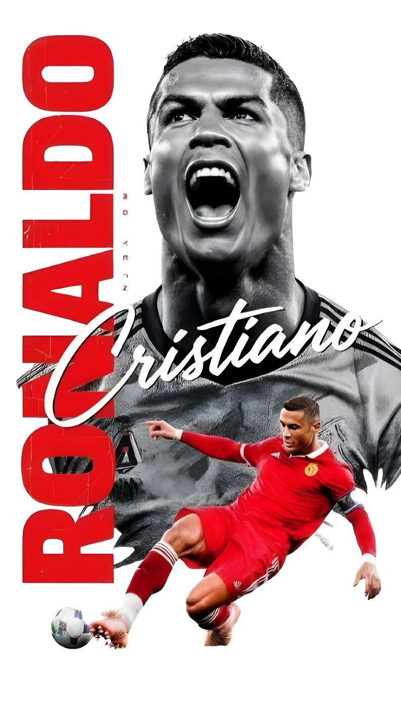 May include: A graphic featuring Cristiano Ronaldo in a red soccer uniform kicking a soccer ball. The image includes a grayscale portrait of Ronaldo with the name "Cristiano" in cursive and the name "RONALDO" in large red letters.