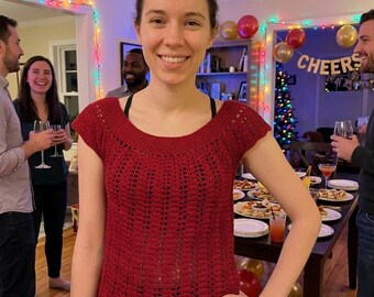 Crochet Boat Neck Top Pattern - Lace Cap Sleeve Summer Blouse - Women's Lightweight Tee - PDF