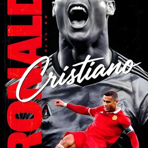 May include: Poster featuring Cristiano Ronaldo in a red soccer uniform, kicking a soccer ball. The word "Ronaldo" is in large red letters on the left side. The name "Cristiano" is written in white script. A black and white image of Ronaldo's face is in the background.