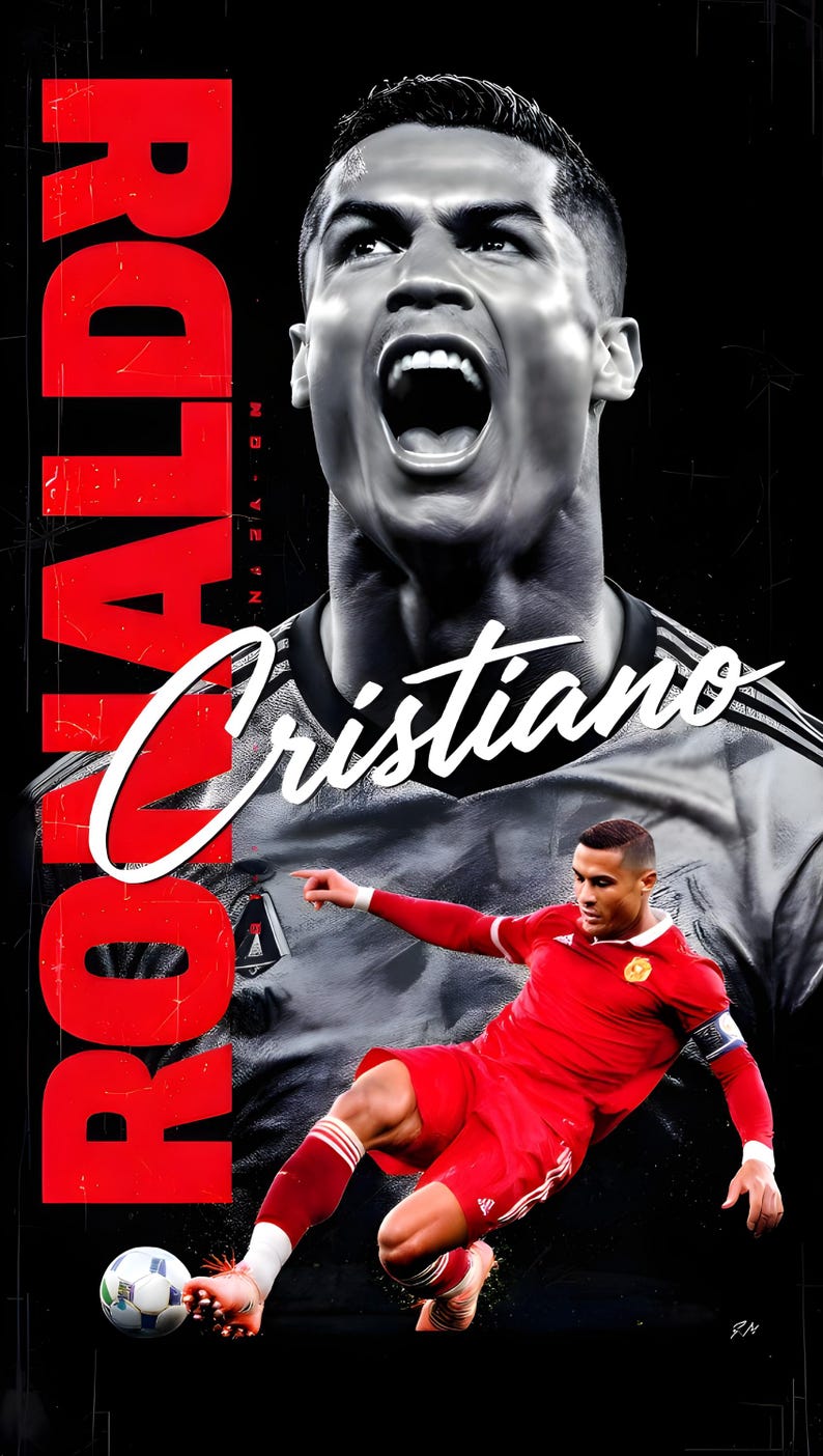 May include: Poster featuring Cristiano Ronaldo in a red soccer uniform, kicking a soccer ball. The word "Ronaldo" is in large red letters on the left side. The name "Cristiano" is written in white script. A black and white image of Ronaldo's face is in the background.