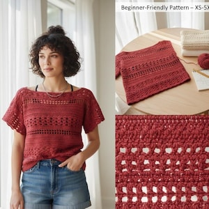 May include: A brick-red crochet top with a boat neck and short sleeves. The top features an openwork design and is paired with blue denim shorts. The image also shows a close-up of the crochet pattern and the text "Beginner-Friendly Pattern - XS-5XL".