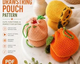 Easy Crochet Drawstring Pouch Pattern PDF | Fruit Coin Purse DIY Bag Bridesmaid Tote