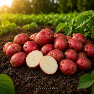 May include: A pile of freshly harvested red potatoes, one cut in half to reveal the white flesh. The potatoes are on dark soil, with green plants in the background. The image is well-lit, with a natural, outdoor setting.