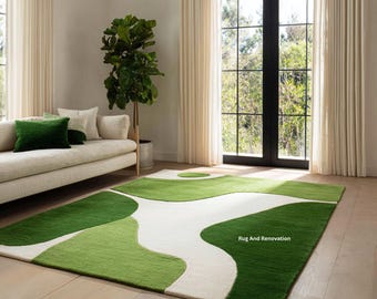 Hand-Tufted Wool Rug, Green & White Abstract Geometric Design