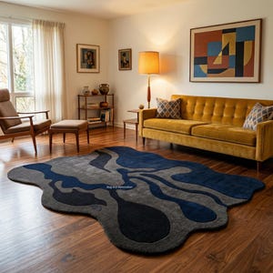 Irregular Shaped Rugs | Tufted Wool Blue, Gray Color For Living Room Area Teppich