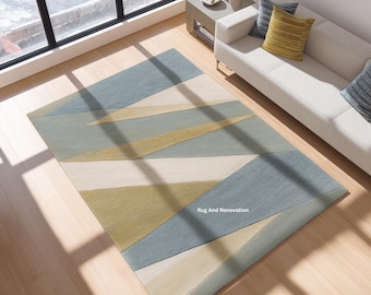 Modern Geometric Area Rug | Blue, Green Abstract Wool Carpet for Living Room