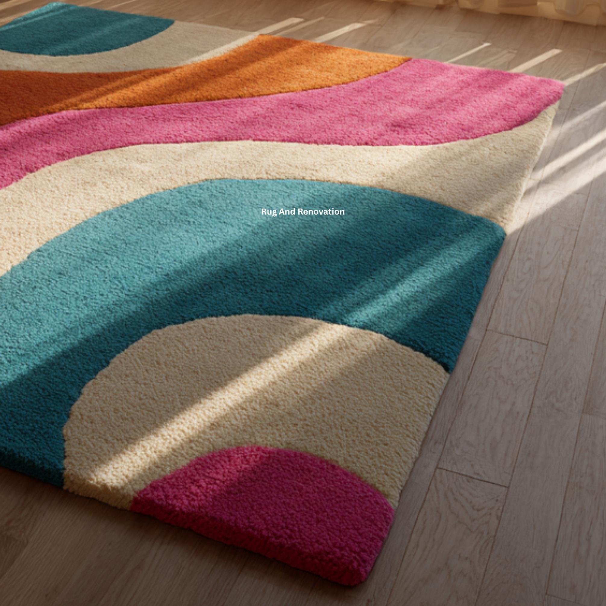 Teal Orange Rug Multicolor Teal Pink, Orange Wave Rug | Modern Curved Abstract Carpet ...