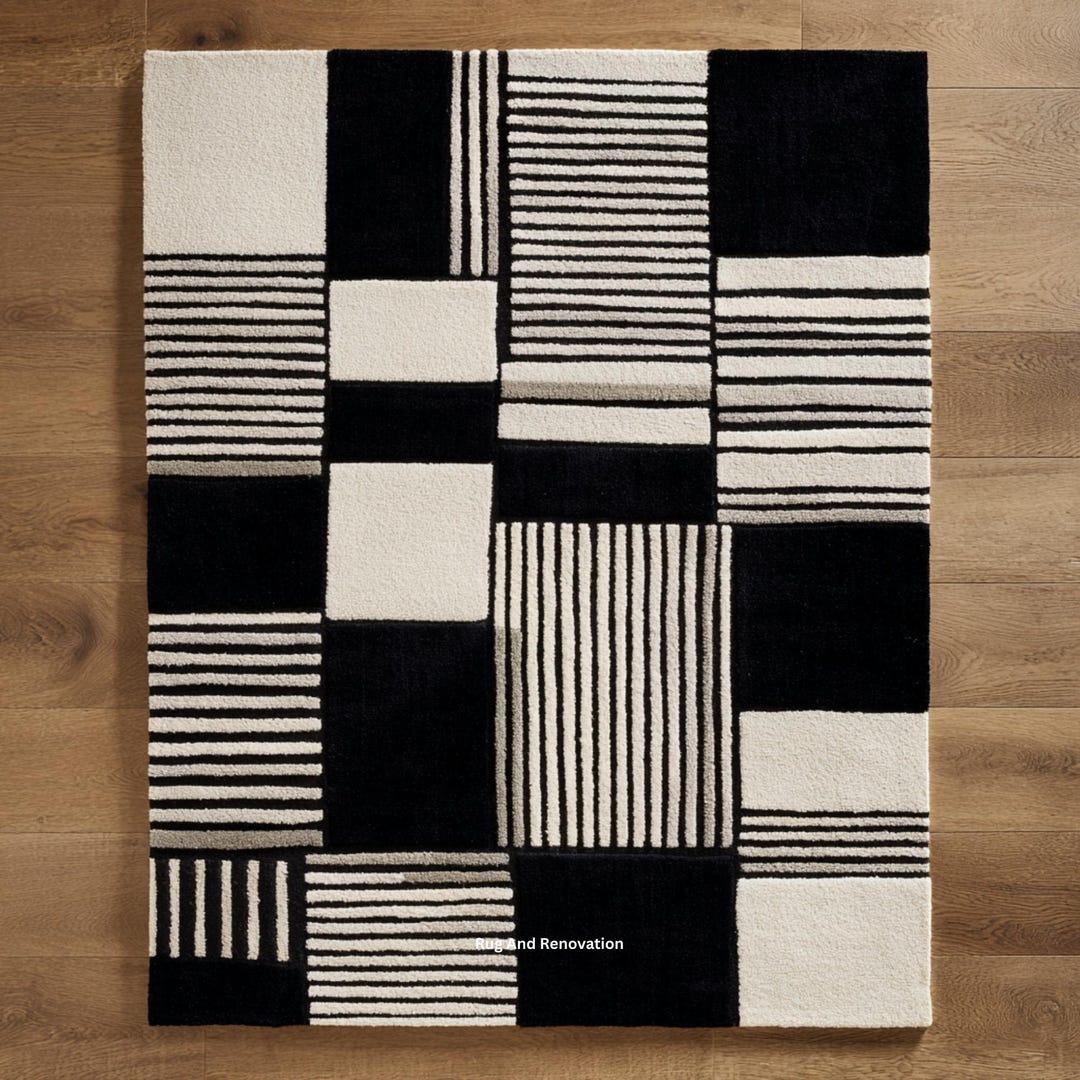 Monochrome Patterned Rug Modern Black & White Geometric Rug | Minimalist Striped Pattern Carpet ...