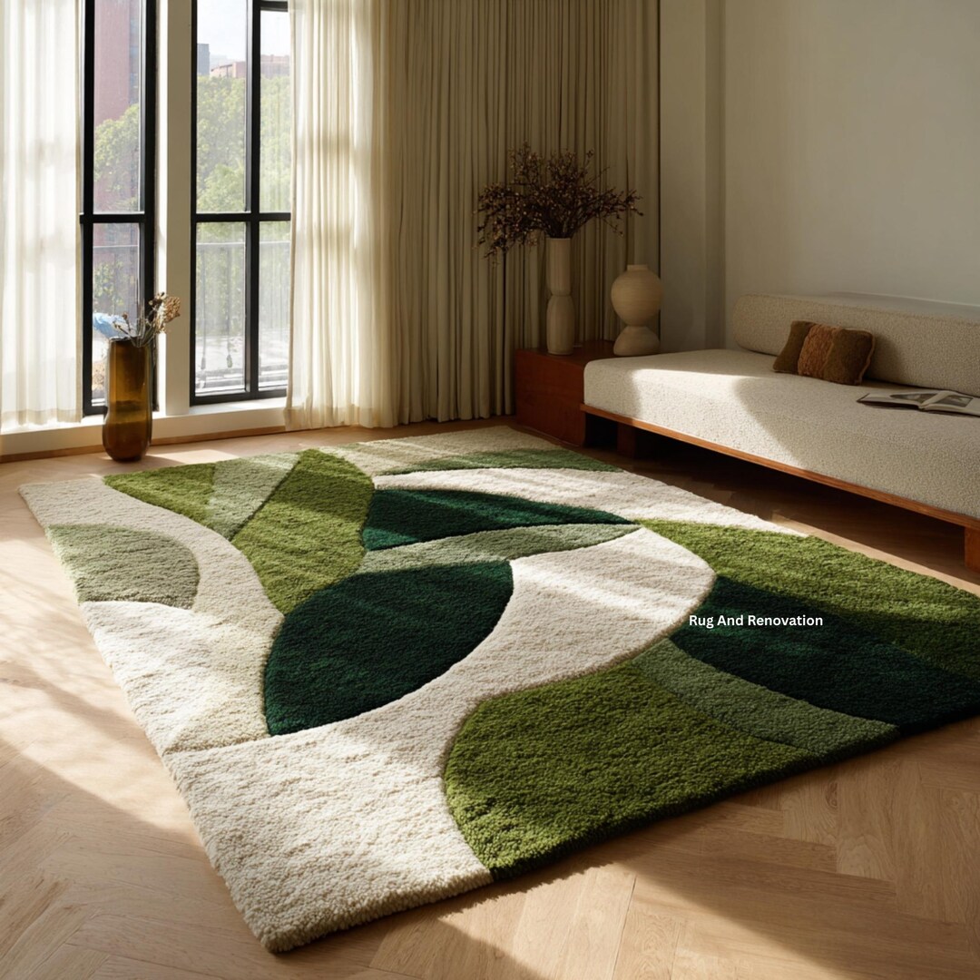 Hand-tufted Wool Rug | Green Leaf Pattern, Modern Organic Design - Etsy