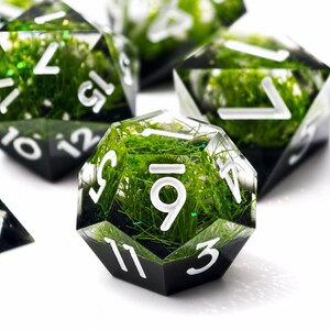 May include: A set of polyhedral dice made of clear resin with embedded green moss and black bases. Each die features sharp geometric edges and white engraved numbers. The dice are arranged in a cluster, showcasing the internal plant-like texture and the contrast between the dark base and the vibrant green interior.