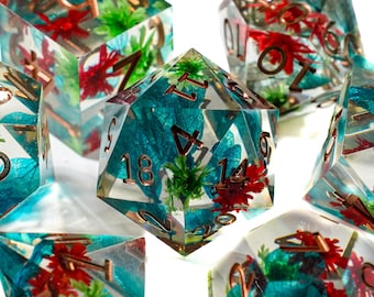 Enchanted Bloom Resin Dice Set, Botanical Sharp Edge DND Dice, Rose-Gold Numbers