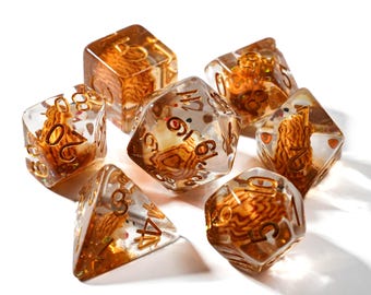 Amber Resin Dice Set, Sharp Edge Polyhedral D&D Dice