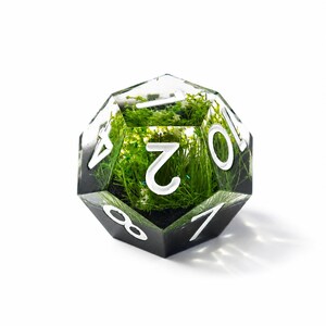May include: A twenty-sided die made of clear resin containing green grass and small white flowers inside. The die features black opaque sections at the base and large, white, sans-serif numbers engraved on the faces to indicate the values.
