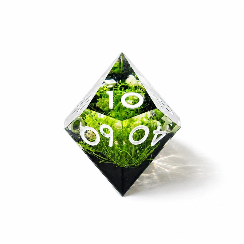 May include: A clear, diamond-shaped polyhedral die featuring an embedded green moss-like texture inside the resin. The die displays white numerical markings, including the numbers 10, 60, and 40, etched into the faceted surface of the object.