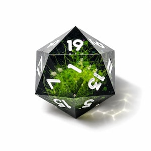 May include: A twenty-sided die made of clear resin containing embedded green grass and small white flowers. The die features sharp geometric edges and large, white, sans-serif numerals engraved into the faces, including the numbers 19, 13, 15, and 5.