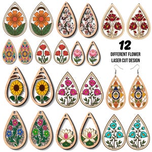 Puede incluir: Una colección de 12 pendientes de madera cortados con láser con varios diseños florales. Los pendientes presentan girasoles, amapolas y otras flores en forma de lágrima. También se ve el texto "12 DIFFERENT FLOWER LASER CUT DESIGN".