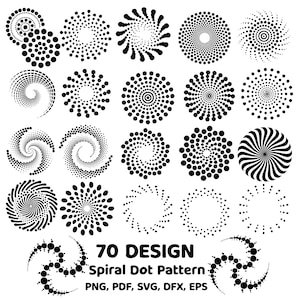 Könnte beinhalten: Eine Sammlung von 20 schwarzen Spiralpunktmustern in verschiedenen Designs. Das Bild enthält Spiralen, konzentrische Kreise und radiale Muster. Der Text unten lautet "70 DESIGN Spiral Dot Pattern" mit Dateiformatoptionen: PNG, PDF, SVG, DFX, EPS.