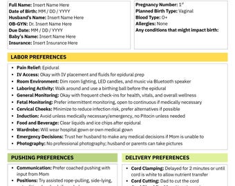 Birth Preferences Template | Birth Plan | Labor and Delivery ...