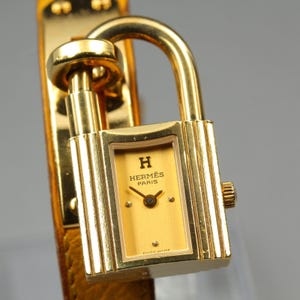 Vintage HERMES Kelly Stainless Gold Dial Quartz Women's Watch 20mm JAPAN Box