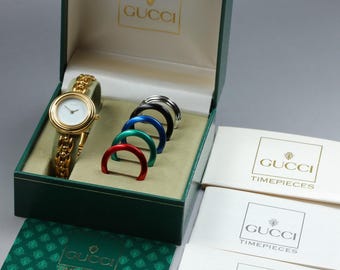 Vintage Gucci Change Bezel 11/12.2 6 Colors Gold Bracelet Women's Qz Watch [Box]