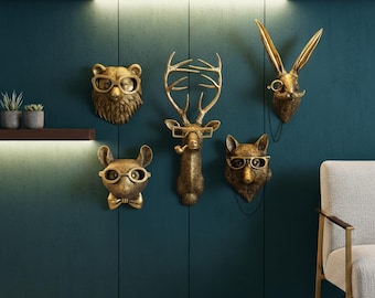 Bronze Tierkopffigur Wanddekor - Rustikale Metall Hirsch, Fuchs & Bär Skulptur - Einzigartiges Wohnkultur Geschenk für Wohnzimmer und Cabin Accent