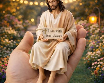 Jesus-Figur mit dem Zeichen 'Ich bin immer bei Ihnen', religiöses Geschenk