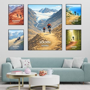May include: Six framed art prints depicting mountain biking scenes in various locations, including Sölden, Austria, and Whistler, Canada. Each print has a black frame and shows cyclists on trails, with text indicating the location.