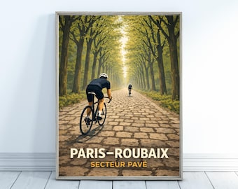 Paris-Roubaix Vintage Cycling Poster, Bike Retro Art Print, Road Bike Gift & Pavé Wall Decor