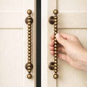 May include: Two vertical cabinet handles with a beaded, ball-chain design in an antique brass finish. Each handle features a long, slender rod composed of small, uniform spheres, secured to the light-colored wooden cabinet doors by two circular mounts.