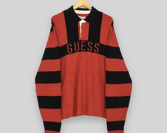 Vintage Guess Jeans USA Streifen Polo Shirt Groß 90er Jahre Guess Jeans Stickerei Spell Out Gestreiftes Kragenhemd Guess USA Rugby Jersey Size L
