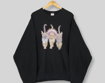 Vintage Cute Cat Kittens Artwork Sweatshirt XLarge Native American Style Cat Graphic Sweater Kittens Funny Cat Jumper Aesthetic Crewneck XL