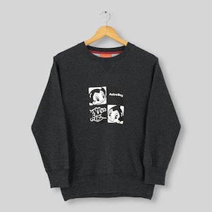 May include: Dark gray sweatshirt featuring a white graphic of Astro Boy in four squares. The text "Astro Boy" is printed in white. The sweatshirt has a crew neck and long sleeves. The garment is hanging on a wooden hanger.