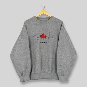 Vintage 90s Canada Edmonton Sweatshirt Large Grey Maple Leaf Embroidered Graphic Pullover Canadian Souvenir Streetwear Sweater Size L