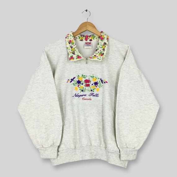 Vintage 90s Niagara Falls Canada 1/4 Zip Sweatshirt Small Niagara Falls Floral Embroidered Graphic Sweater Niagara Falls Canada Jumper S
