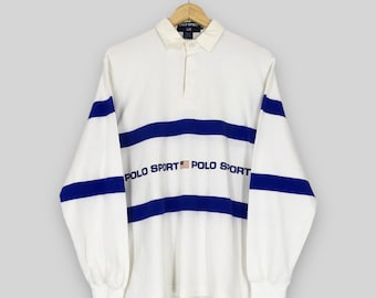 RARE Vintage Polo Sport Ralph Lauren Rugby Shirt Medium 90er Jahre Polo Sport RL Weiß Blau Gestreiftes Kragenshirt Polo Ralph Lauren Rugby Jersey M