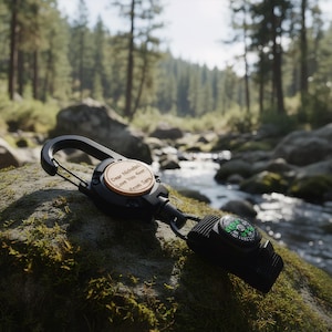May include: A black carabiner with a wooden disc engraved with text, and a compass. The text reads "Dear Nicholas, Love You 4ever, From Sara." The compass has a green and black design. The carabiner is resting on a mossy rock.