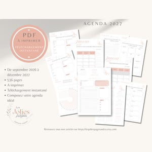 Peut inclure: Un ensemble d'agenda numérique 2027 comprenant plusieurs pages imprimables avec un thème de couleur rose pâle et blanc. La mise en page inclut des calendriers mensuels, des listes de tâches quotidiennes et des suivis d'habitudes sur 536 pages.