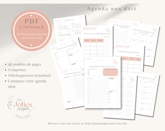 May include: A collection of printable planner pages featuring a soft pink and white color scheme. The documents include monthly calendars, daily task lists, and habit trackers with French text headings like Agenda non daté and Janvier.