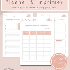 Op de afbeelding: Een printbare planner in roze en wit, met een maandkalender, takenlijst en notitieruimtes. De tekst bevat "Planner à imprimer" en "Organise ta vie facilement". Beschikbaar in A5- of A4-formaat.