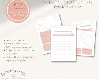 May include: Three printable PDF reading tracker inserts for planners. The inserts are in a soft pink color and feature spaces to record book titles, dates, and notes. The text includes "PDF à imprimer" and "Téléchargement instantané."