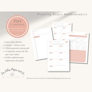 Peut inclure: Ensemble de pages de planification de repas imprimables, aux tons rose pâle et blanc. Les pages comprennent des sections pour les repas quotidiens, les listes de courses et les notes. Texte : "Planning Repas Hebdomadaire" et "PDF à imprimer".
