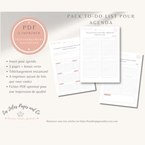 Peut inclure: Ensemble de pages de liste de tâches imprimables pour agenda. Les pages blanches sont ornées d'accents rose clair et comportent des sections pour les tâches et les notes. Le texte comprend "PACK TO-DO LIST POUR AGENDA" et "PDF À IMPRIMER TÉLÉCHARGEMENT INSTANTANÉ".