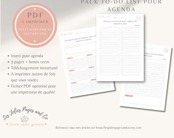 May include: A set of printable to-do list pages for an agenda. The pages are white with light pink accents and feature sections for tasks and notes. The image includes the text "PACK TO-DO LIST POUR AGENDA" and "PDF À IMPRIMER TÉLÉCHARGEMENT INSTANTANÉ".