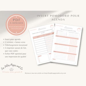 Può includere: Due inserti per agenda Pomodoro stampabili con un design rosa e bianco. Gli inserti includono sezioni per attività, note e monitoraggio del tempo. Il testo include "PDF à imprimer" e "Téléchargement instantané."