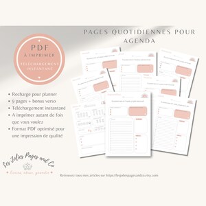 Puede incluir: Páginas imprimibles de planificador diario con un diseño minimalista. Las páginas incluyen secciones para programación, notas y una lista de tareas diarias. El texto incluye "PDF À IMPRIMER TÉLÉCHARGEMENT INSTANTANÉ" y "PAGES QUOTIDIENNES POUR AGENDA".