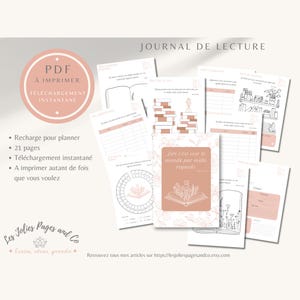 May include: Printable reading journal pages in a soft colour scheme. The design includes a cover page, reading trackers, and note pages. The text includes "PDF À IMPRIMER" and "JOURNAL DE LECTURE".