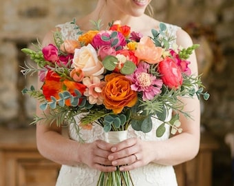 Vibrant Orange and Pink Wedding Bouquet: Colourful Artificial blooms with sage foliage