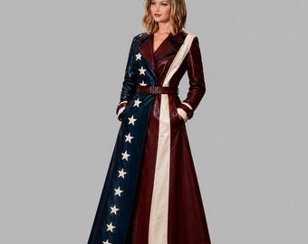 Handmade Women's Americana Trench Coat | USA Flag Inspired Belted leather Jacket